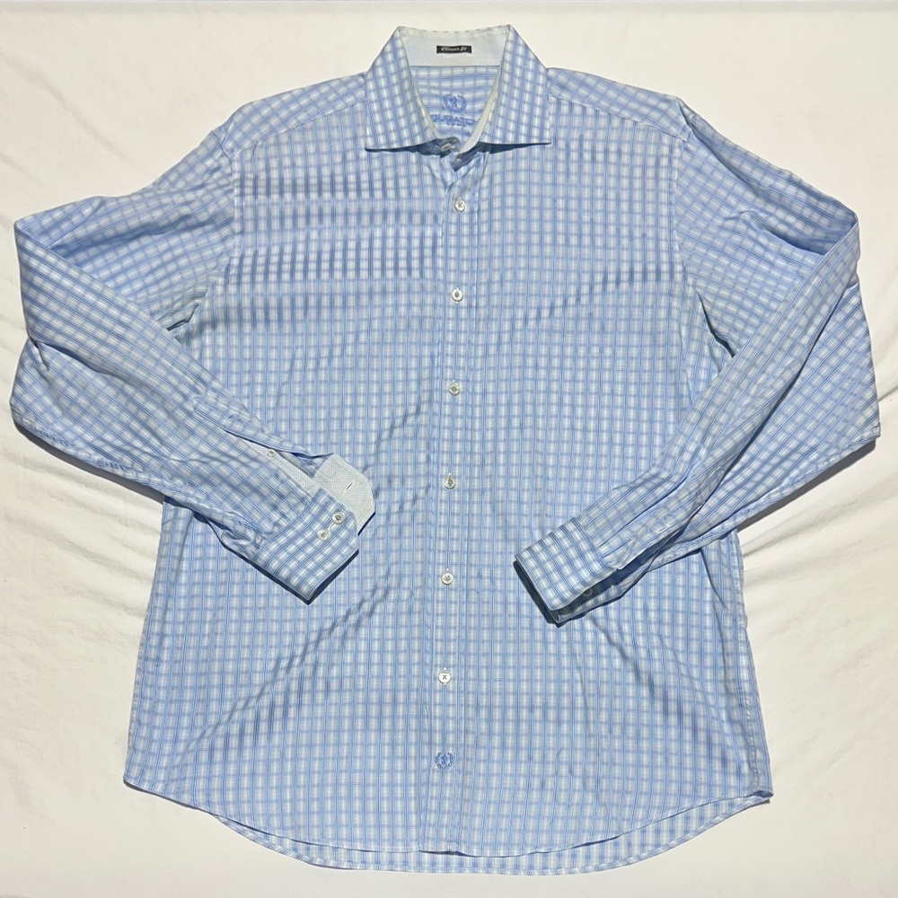 Bugatchi Light Blue Plaid Button Down Large Shirt - image 1